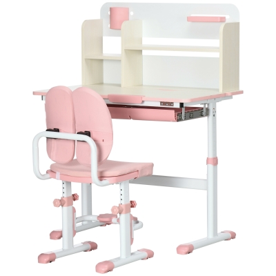 HOMCOM Set de birou si scaun cu inaltime reglabila Birou de scriere pentru copii masa de studiu pentru scoala cu raft, sertar, suport pentru stilouri, roz(m-11)
