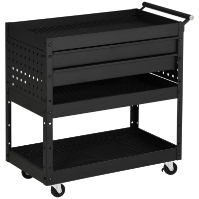 DURHAND Carro de Herramientas para Taller con Ruedas 2 Cajones y 3 Estantes para Garaje Mecánico Casa 76,5x39x79 cm Negro