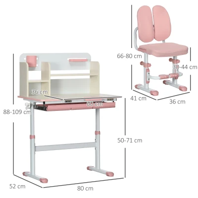 HOMCOM Set de birou si scaun cu inaltime reglabila Birou de scriere pentru copii masa de studiu pentru scoala cu raft, sertar, suport pentru stilouri, roz(m-3)