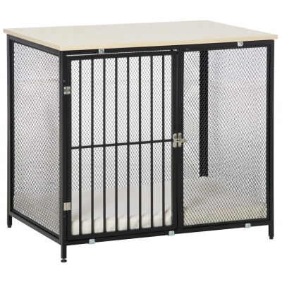 PawHut Jaula para Perros con Encimera Mesa Auxiliar con Perrera con Pestillo y Cojín Lavable 80x55x71 cm Roble y Negro