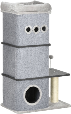 PawHut Barril Rascador para Gatos con Caseta de Fieltro Extraíble Poste de Sisal Cama y Bola de Juego 60x40x102 cm Gris