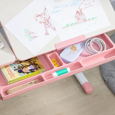 HOMCOM Set de birou si scaun cu inaltime reglabila Birou de scriere pentru copii masa de studiu pentru scoala cu raft, sertar, suport pentru stilouri, roz(m-9)