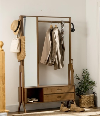 HOMCOM Perchero de Bambú con Banco Espejo 2 Cajones 4 Ganchos Barra y Compartimiento de Almacenaje 113x33x169,5cm Marrón