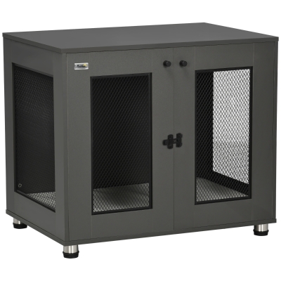 PawHut Jaula para Perros Medianos de Interior Mesa Auxiliar con 2 Puertas con Pestillo y Cojín Extraíble 80x55x70cm Gris