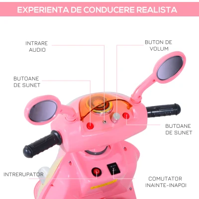 HOMCOM Motoreta Tricicleta Electrica pentru Fetite 6V cu Lumini si Muzica, Roz(m-4)