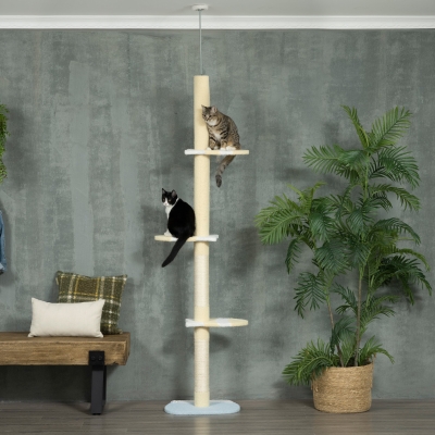 PawHut Árvore para Gatos do Chão ao Teto com Altura Ajustável 3 Plataformas Poste de Sisal e Bola para Brincar 47x34x220-260cm Creme