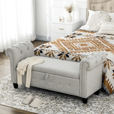 HOMCOM Banco de Pé de Cama de Linho com Dobradiças na Tampa Pés de Madeira e Apoio para os Braços 146,5x49x74,5cm Cinza Claro