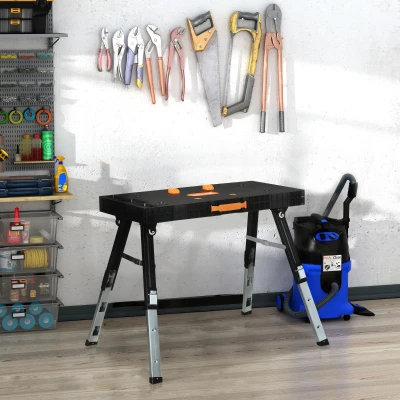 DURHAND 5 In 1 Multi-function Folding Workbench, Adjustable Work Bench, Sawhorse, Dolly, Creeper with Wheels, Printed Scale and Angle for Home, Garage, Black