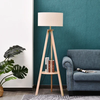 HOMCOM Mid Century Floor Lamp, Free Standing Bedside Light Tripod Holder Storage Shelf Linen Shade