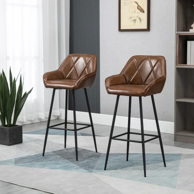 HOMCOM Conjunto de 2 Bancos Altos Estofados em PU com Encosto Alto Pés de Aço e Apoio para os Pés 50x47,5x102,5cm Marrom