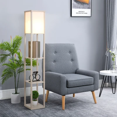HOMCOM 3-Tier Floor Lamp, Floor Light with Storage Shelf, Reading Standing Lamp for Living Room, Bedroom, Kitchen, Dining Room, Office, Dorm, 160cm, Oak