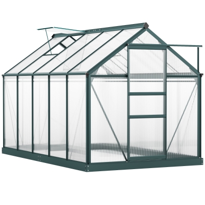 Outsunny 6 x 10ft Polycarbonate Greenhouse - Large Walk-In Green House with Sliding Door and Window, Garden Plant Grow House with Aluminium Frame and Foundation, Dark Green