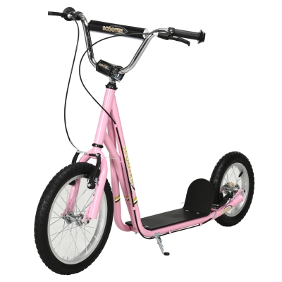 HOMCOM Trotinete para Crianças acima de 5 anos Scooter de 2 Rodas Grandes com Duplo Freio e Guidão Ajustável em Altura Adolecentes Adultos 135x58x92-100cm Rosa