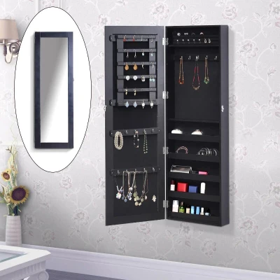 HOMCOM Espelho com Móvel de Bijuterias de Parede ou Porta Armário Guarda Jóias com Ganchos e Ranhuras para Dormitório 37x9,5x112cm Preto