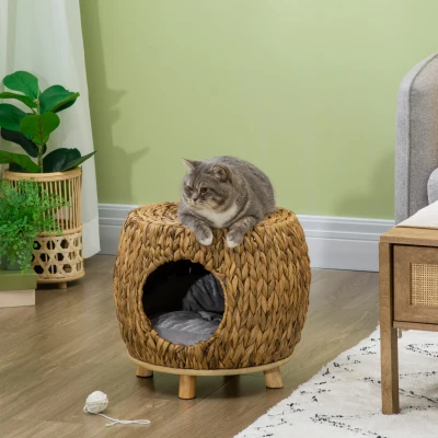 PawHut Wicker Cat Bed House Stool with Cushion 44x43x41cm