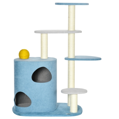 PawHut Kratzbaum mit Kratztonne inkl. Kratzball für Katzen, 87 cm x 60 cm x 122 cm, Blau + Grau + Gelb