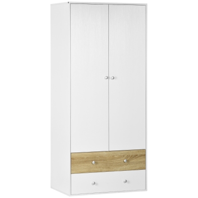 HOMCOM Kleiderschrank mit 2 Schubladen, 1 Kleiderstange, 80 cm x 50 cm x 180 cm, Weiß + Braun