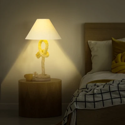 HOMCOM Nautical Style Table Lamp with Fabric Lampshade, Twisted Rope Bedside Lamp for Bedroom, Study Room, Living Room, Beige