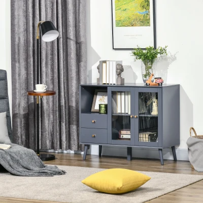 HOMCOM Sideboard Buffet, Storage Cabinet with Drawers, Open Shelf and Double Glass Doors, Grey