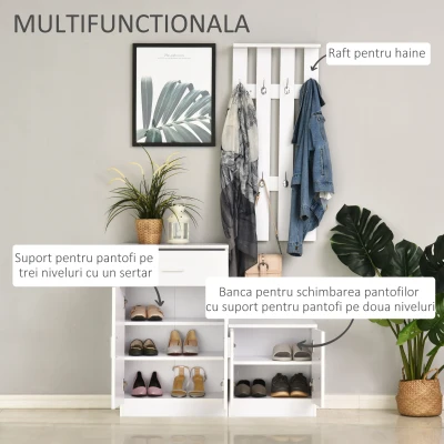 HOMCOM Mobilier de Hol cu Cuier din Lemn Alb, 100x32x187cm(m-5)