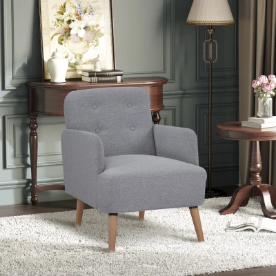 HOMCOM Upholstered Armchair, Living Room Chairs with Birch Wood Legs, Thick Padding and Button Mid-Back, Grey