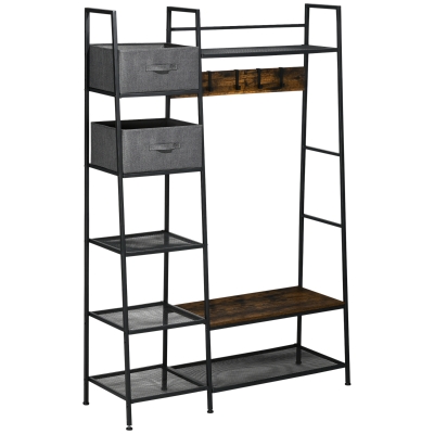 HOMCOM Garderobenständer im Industrie-Design, 8 Regalböden, 5 Kleiderhaken, 1 Schuhbank, 2 Schubladen, Grau + Braun