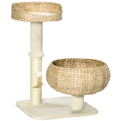 PawHut Kratzbaum, zwei Katzenbetten mit waschbaren Kissen, zwei Kratzstämme, Spielball, beige+cremeweiß, 48 x 48 x 72cm