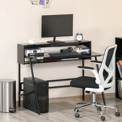 HOMCOM computer tafel bureau met twee planken moderne speeltafel met gehard glazen blad home office verstelbare deurmat staal spaanplaat zwart + grijs 115 x 55 x 90 cm