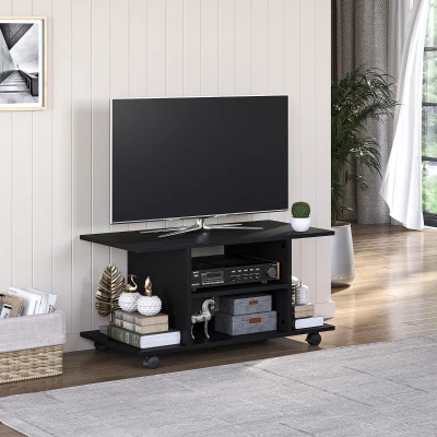 HOMCOM TV-Bank 4 Regale offene Rückwand 4 Rollen 80 cm x 40 cm x 40 cm Holzwerkstoff Schwarz