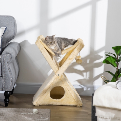 PawHut® DRAPAK DLA KOTA WIEŻA Z TUNELEM I HAMAKIEM sizal płyta wiórowa żółty 50 x 32 x 65 cm