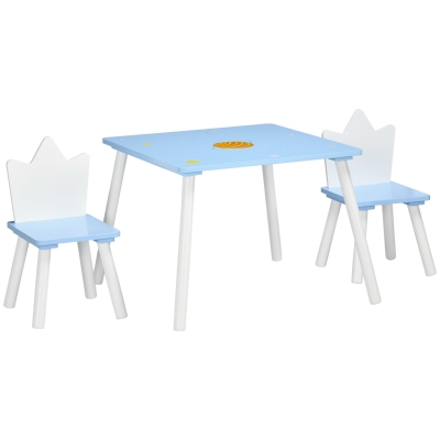 ZONEKIZ Juego de Mesa y 2 Sillas Infantiles de Madera para +18 Meses Estampado Espacial 68x68x47 cm y 30x30x51,5 cm Azul