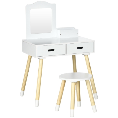 ZONEKIZ Tocador de Madera Infantil con Taburete y Espejo Centro de Belleza con 2 Cajones para 3-6 Años 60x40x95cm Blanco