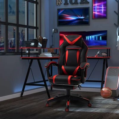 Vinsetto Reclining Gaming Chair with Footrest, Ergonomic, PU Leather Executive Swivel Chair with Headrest, Red and Black