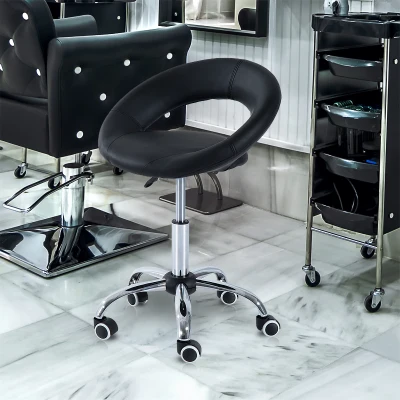 HOMCOM Beauty Stool, with Adjustable Height, Breathable Open Back, Foam Cushion Seat, and 5 Caster Wheels, Black
