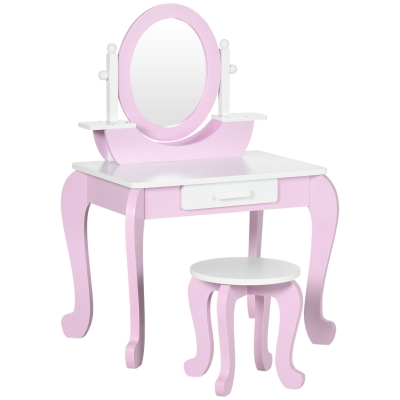 ZONEKIZ Tocador de Madera Infantil con Taburete y Espejo Centro de Belleza con 1 Cajón para 3-6 Años 65,5x46x93 cm Rosa