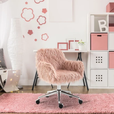 Vinsetto Faux Fur Computer Desk Chair, Vanity Chair with Adjustable Height, Swivel Wheels for Office, Bedroom, Pink