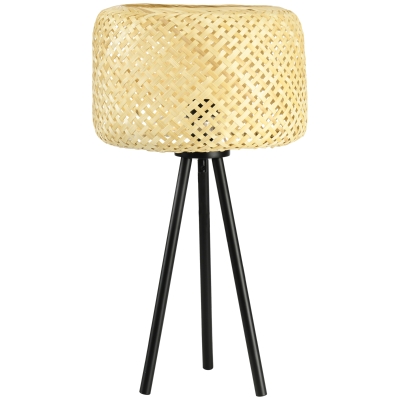HOMCOM Tischleuchte im Boho-Stil, Lampenschirm aus Rattan, Stativ, 28 cm x 28 cm x 53 cm, Natur + Schwarz