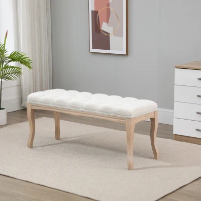 HOMCOM 110cm Upholstered Bench, Linen Fabric Ottoman Stool with Button Tufted Seat, and Rubber Wood Legs for Living Room, Bedroom, or Hallway, Beige