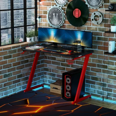 HOMCOM Gaming Computer Table, 122cm Width w/Cup Holder, Headphone Hook, Gamepad Holder, Cable Management Red Black