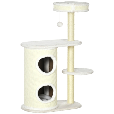 PawHut Kratzbaum mit Kratztonne, 1 Katzenbett und Katzenspielzeug, 59 cm x 35 cm x 100 cm, Cremeweiß