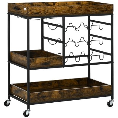 HOMCOM Küchenwagen im Industrie-Design, mit Flaschenhaltern, 2 Regalen, 86,5 cm x 40 cm x 91,5 cm, Schwarz + Braun