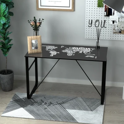 HOMCOM Black Study Desk, w/Glass Top with World Map Printing Working Station Home Office Metal Frame Easy Assembly