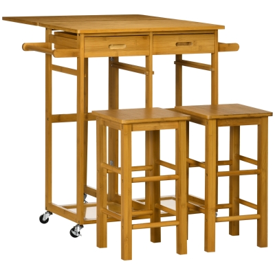 HOMCOM Carrello da Cucina con Tavolino Pieghevole e 2 Sgabelli, Ruote e Cassetti in Legno di Bambù