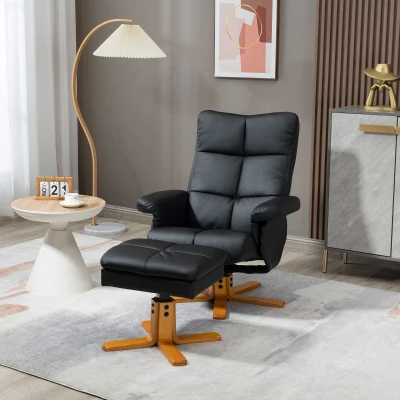 HOMCOM Recliner Armchair, Swivel Reclining Chair With Ottoman, Swivel Faux Leather Chair with Wooden Base and Storage Footstool for Living Room, Black