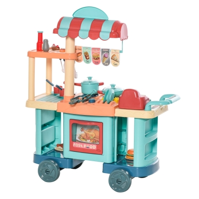 HOMCOM Kinderküche mit Zubehör 50-Teilige Spielküche Spielzeugküche Kunststoff Blau+Rot+Orange 79,5 x 33 x 90,5 cm