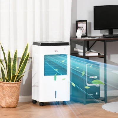 HOMCOM 8.5L Portable Air Cooler, Heater, Humidifier with Ice Packs, 3 Speed, 3 Mode, 7.5H Timer, Remote, Air Cooling Fan for Bedroom, Home Office, White