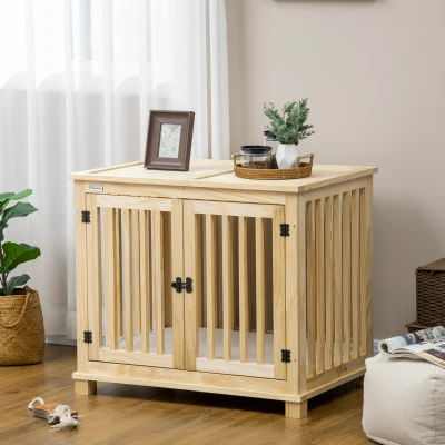 PawHut hondenkooi inclusief slot en kussen, 82,5 cm x 57 cm x 72 cm, natuurlijk hout+ roomwit