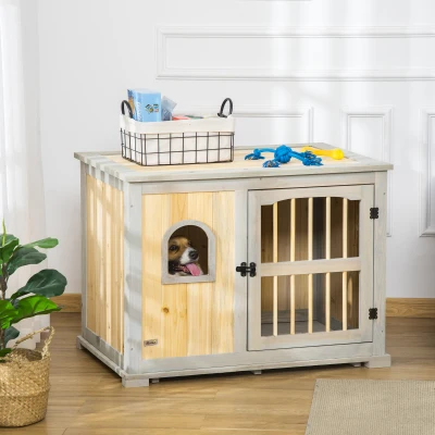 PawHut Wooden Dog Crate, Furniture Style Dog Kennel End Table w/ Lockable Door, Window, for Small, Medium Dogs, Grey and Natural