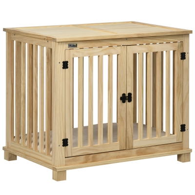 PawHut hondenkooi inclusief slot en kussen, 82,5 cm x 57 cm x 72 cm, natuurlijk hout+ roomwit