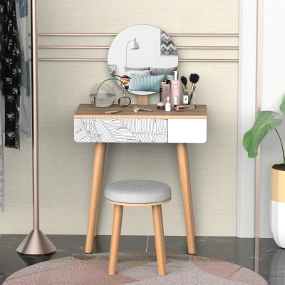 HOMCOM Elegant Dressing Table, Vanity Table with Drawer and Height Adjustable Mirror for Bedroom, Dressing Room, Natural